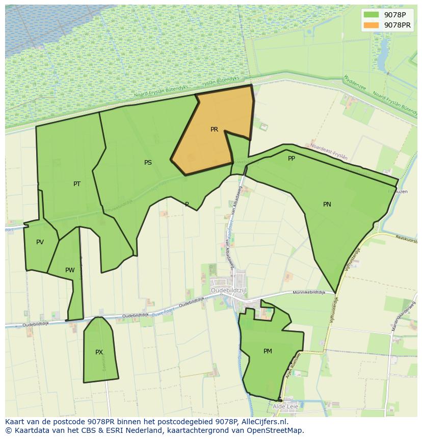Afbeelding van het postcodegebied 9078 PR op de kaart.