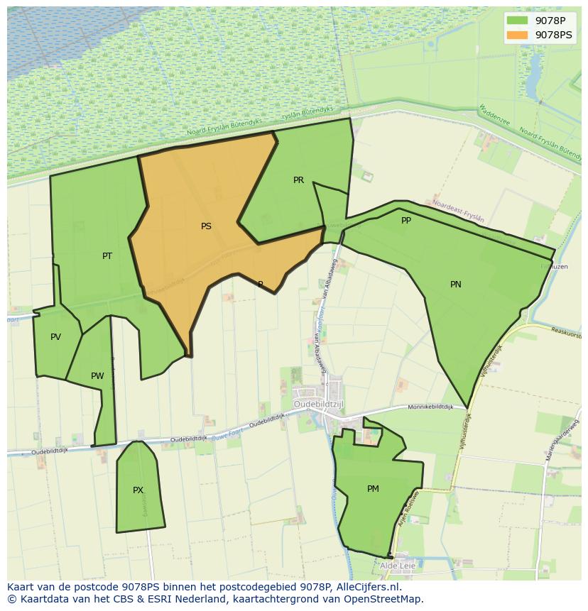 Afbeelding van het postcodegebied 9078 PS op de kaart.
