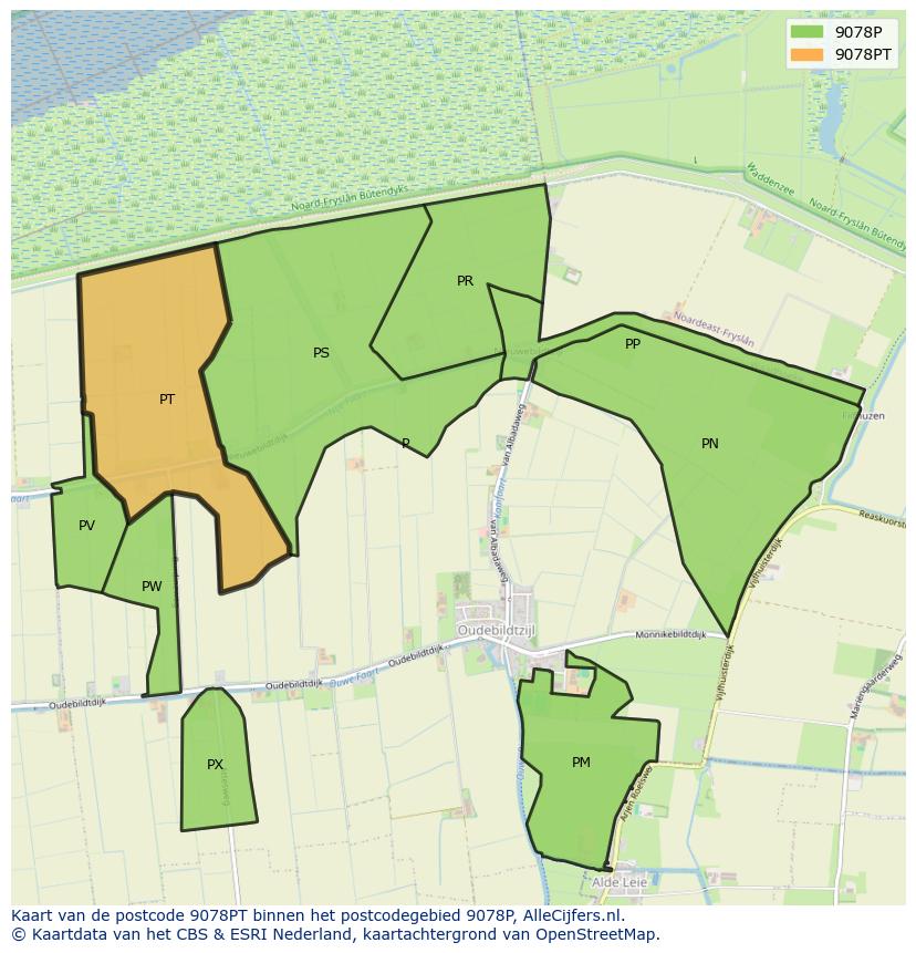 Afbeelding van het postcodegebied 9078 PT op de kaart.