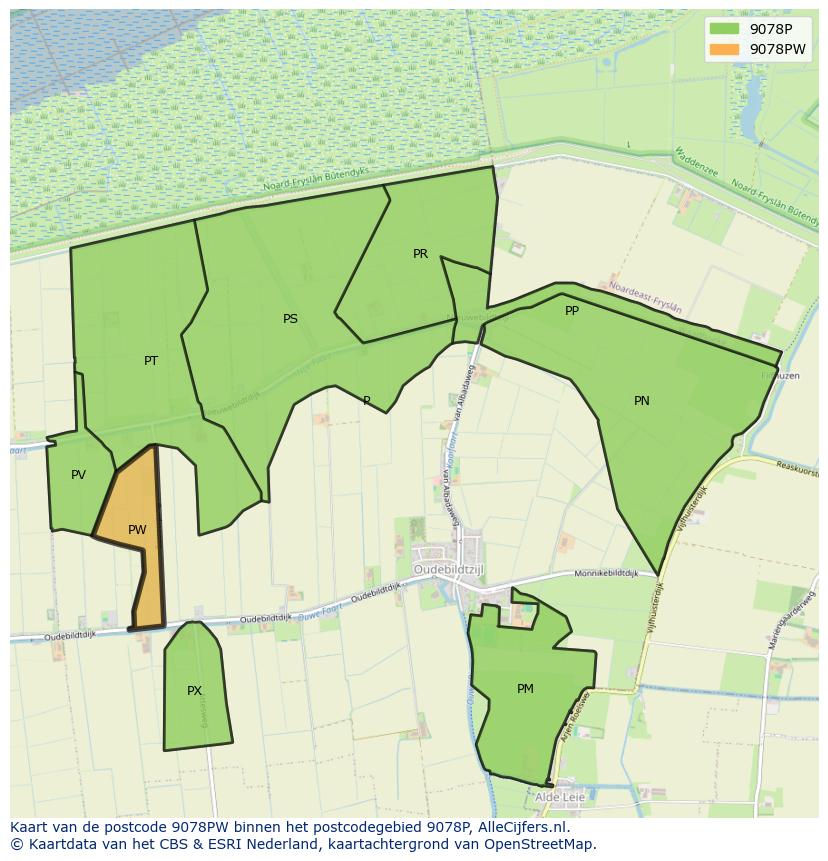 Afbeelding van het postcodegebied 9078 PW op de kaart.