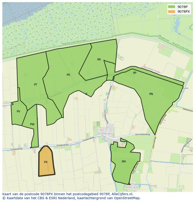 Afbeelding van het postcodegebied 9078 PX op de kaart.