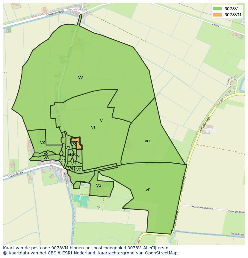 Afbeelding van het postcodegebied 9078 VM op de kaart.