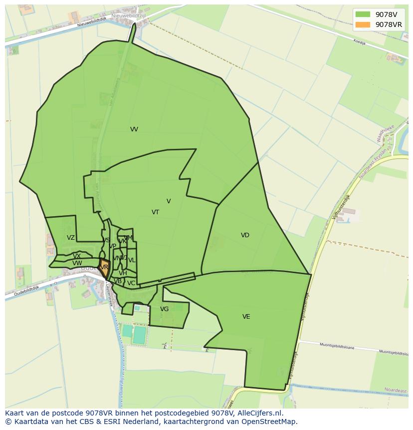 Afbeelding van het postcodegebied 9078 VR op de kaart.