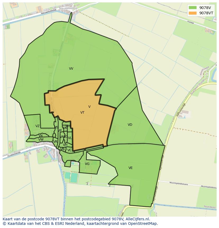 Afbeelding van het postcodegebied 9078 VT op de kaart.