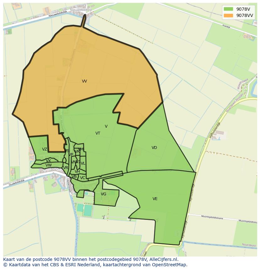 Afbeelding van het postcodegebied 9078 VV op de kaart.