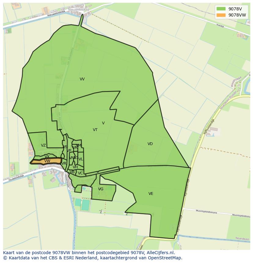 Afbeelding van het postcodegebied 9078 VW op de kaart.