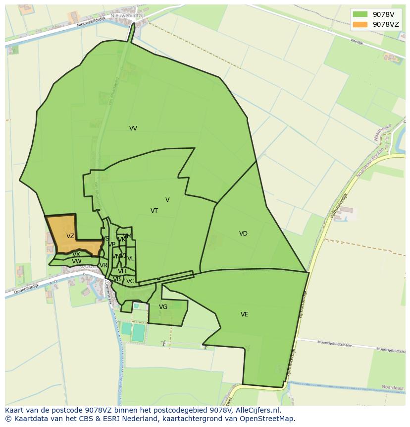 Afbeelding van het postcodegebied 9078 VZ op de kaart.
