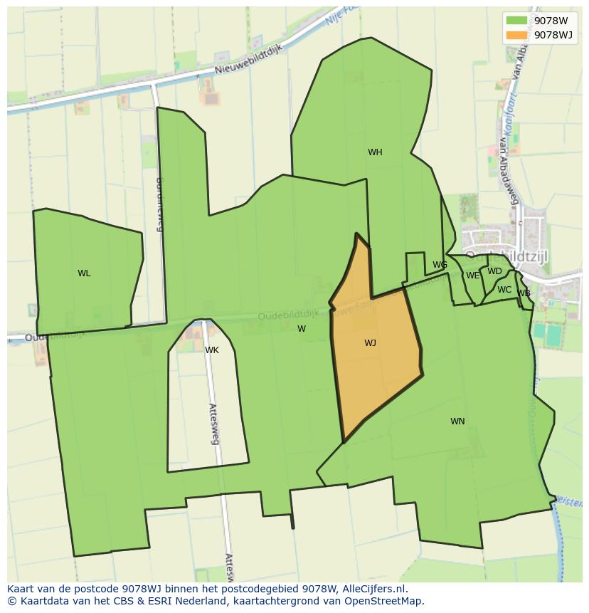 Afbeelding van het postcodegebied 9078 WJ op de kaart.