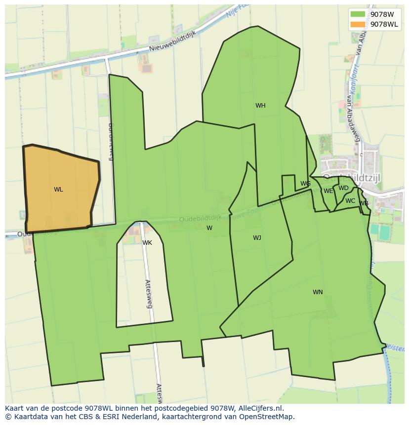 Afbeelding van het postcodegebied 9078 WL op de kaart.