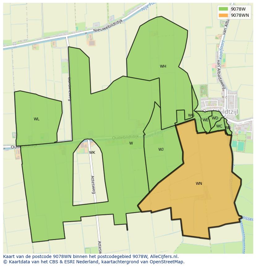 Afbeelding van het postcodegebied 9078 WN op de kaart.