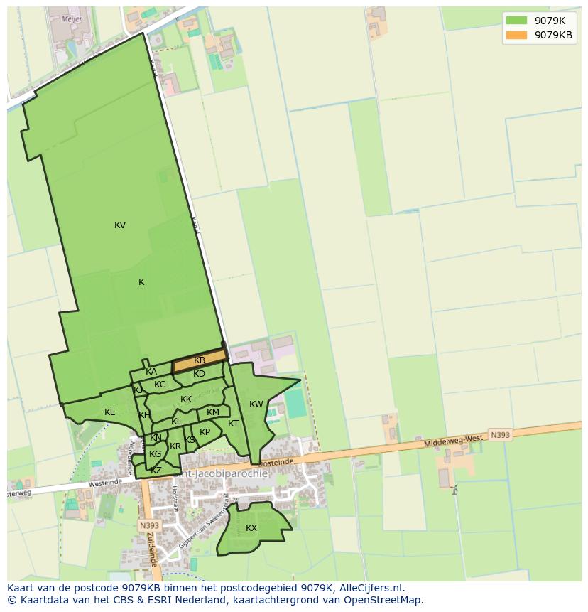Afbeelding van het postcodegebied 9079 KB op de kaart.