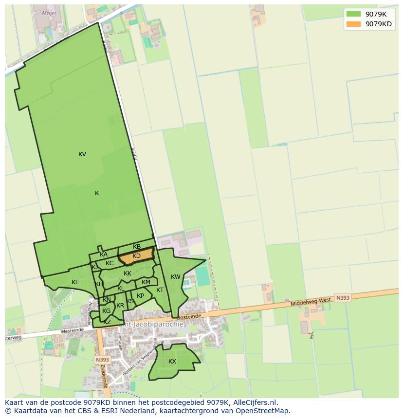 Afbeelding van het postcodegebied 9079 KD op de kaart.