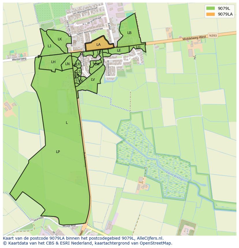 Afbeelding van het postcodegebied 9079 LA op de kaart.