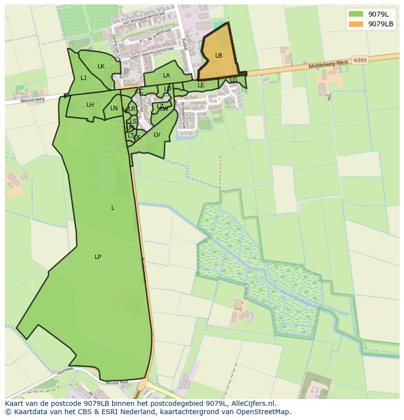 Afbeelding van het postcodegebied 9079 LB op de kaart.