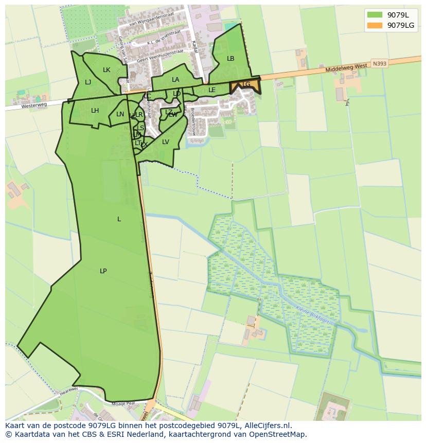 Afbeelding van het postcodegebied 9079 LG op de kaart.