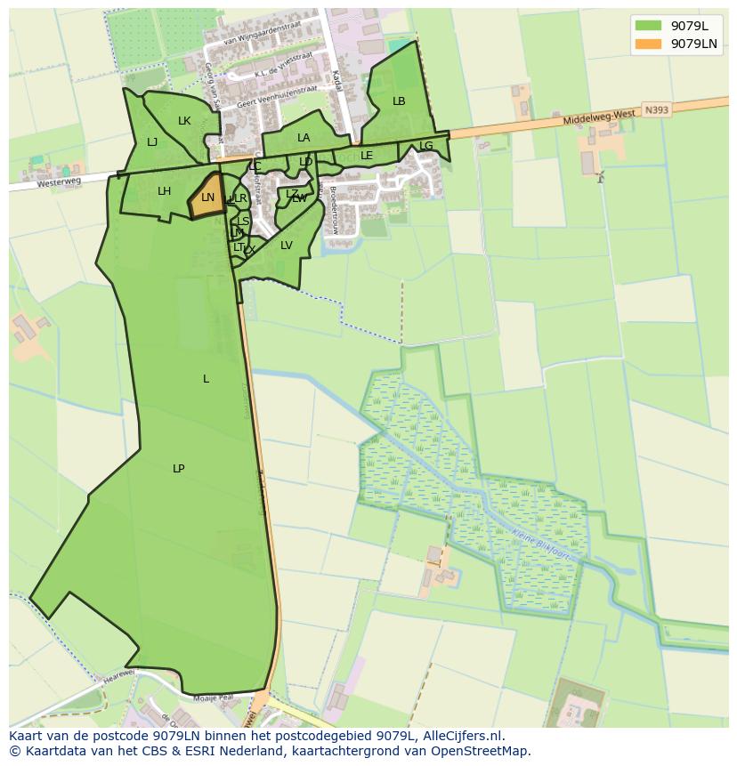 Afbeelding van het postcodegebied 9079 LN op de kaart.