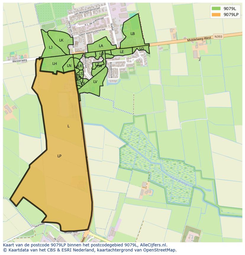 Afbeelding van het postcodegebied 9079 LP op de kaart.