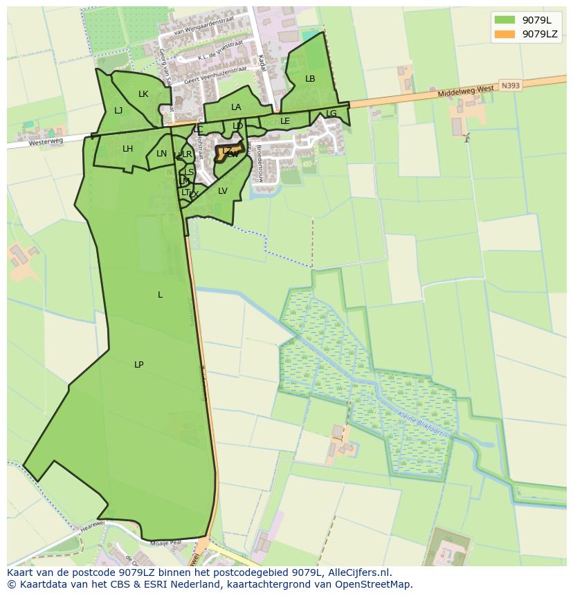 Afbeelding van het postcodegebied 9079 LZ op de kaart.