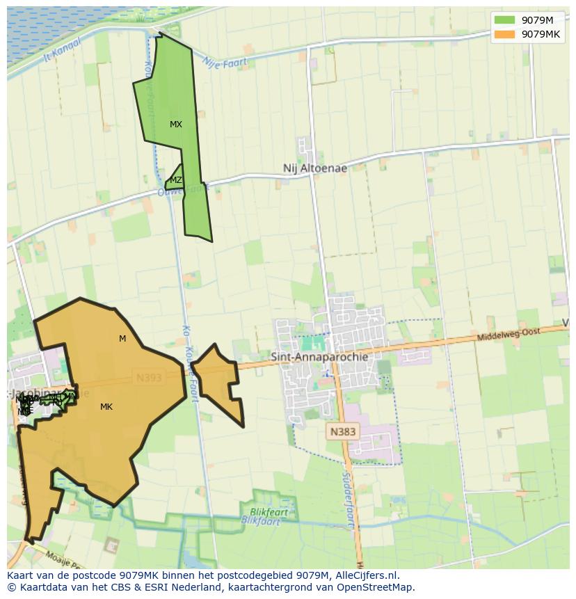 Afbeelding van het postcodegebied 9079 MK op de kaart.