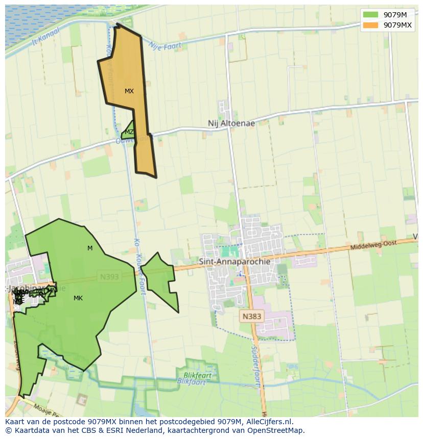 Afbeelding van het postcodegebied 9079 MX op de kaart.