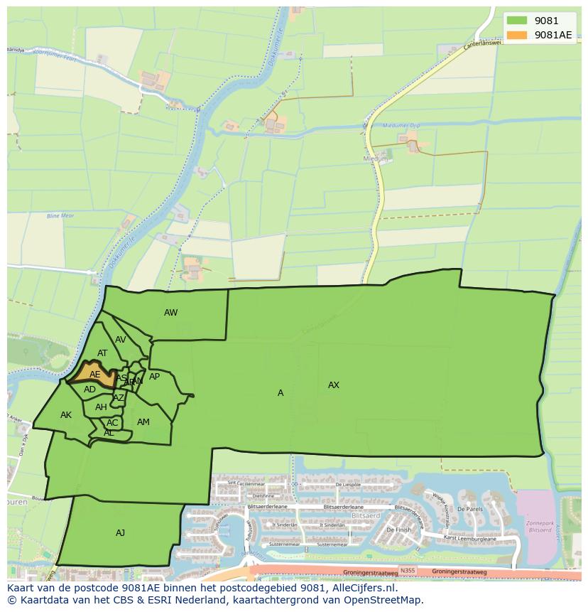 Afbeelding van het postcodegebied 9081 AE op de kaart.