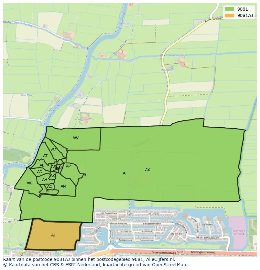 Afbeelding van het postcodegebied 9081 AJ op de kaart.