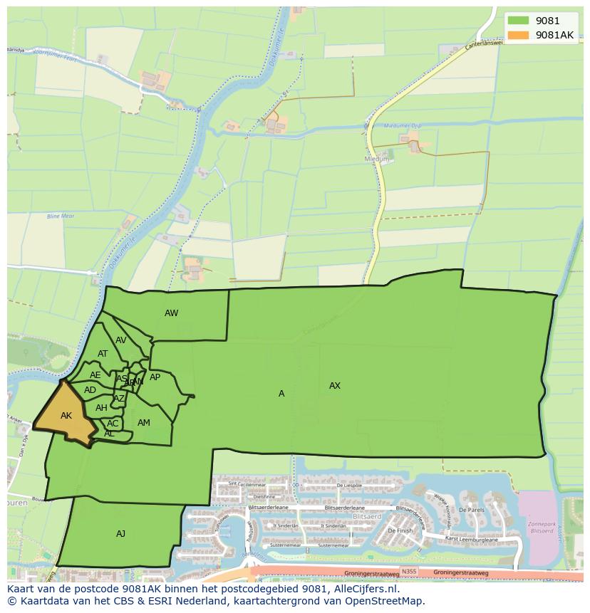 Afbeelding van het postcodegebied 9081 AK op de kaart.