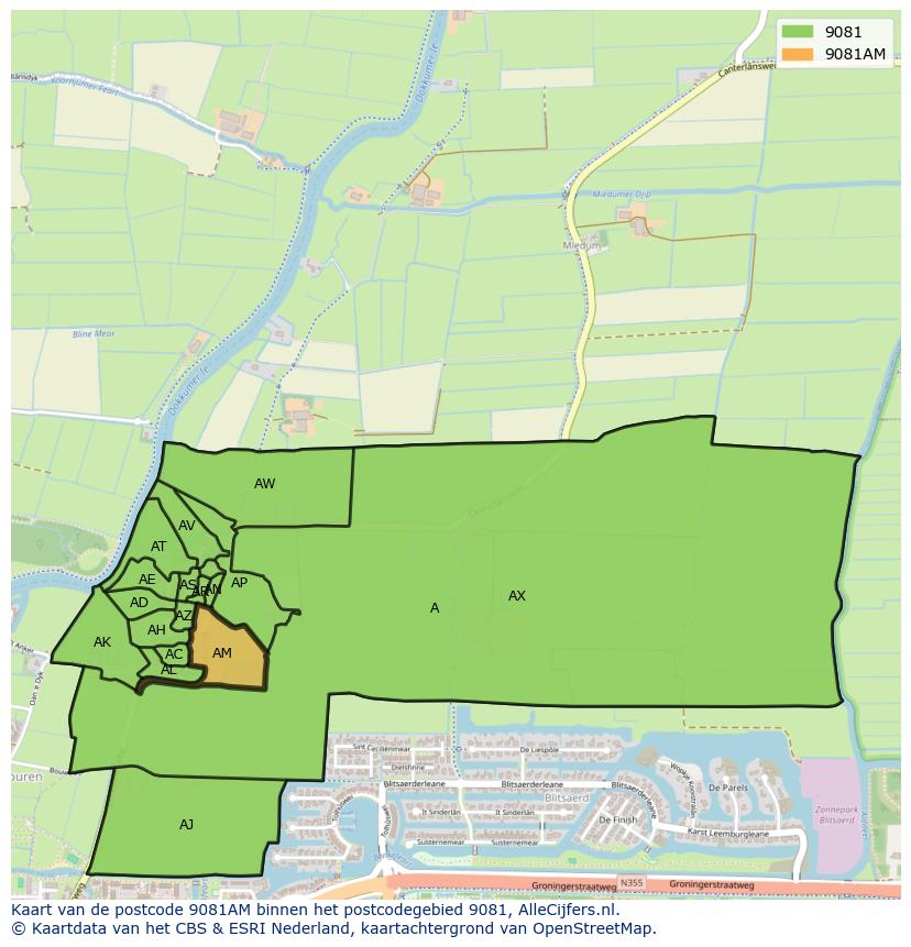 Afbeelding van het postcodegebied 9081 AM op de kaart.