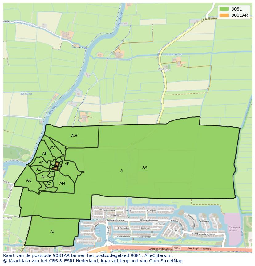 Afbeelding van het postcodegebied 9081 AR op de kaart.