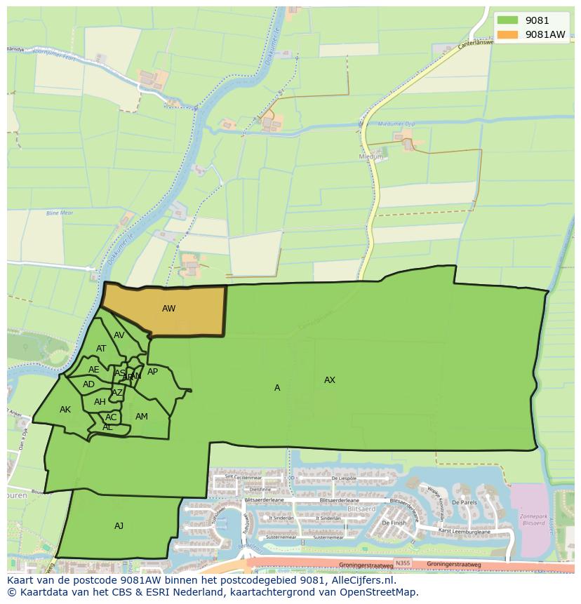 Afbeelding van het postcodegebied 9081 AW op de kaart.