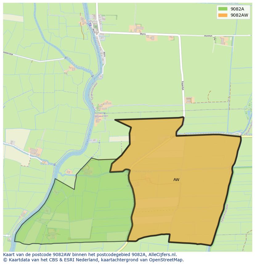 Afbeelding van het postcodegebied 9082 AW op de kaart.