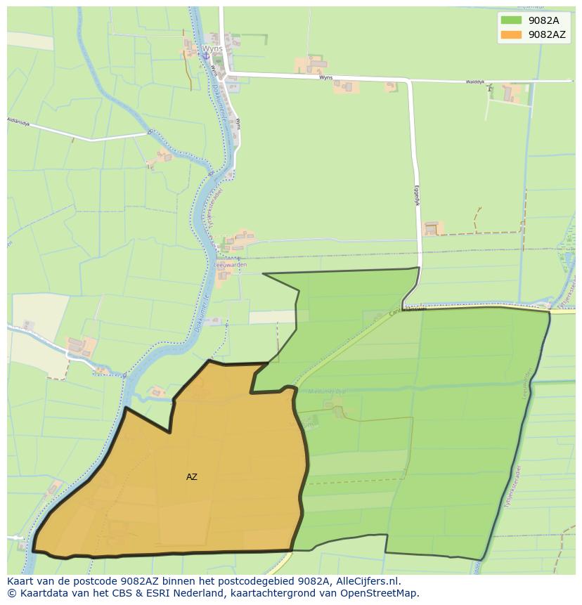 Afbeelding van het postcodegebied 9082 AZ op de kaart.