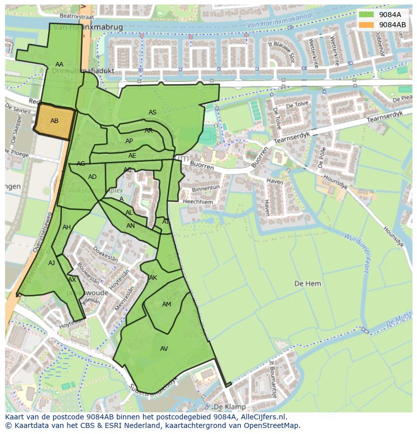 Afbeelding van het postcodegebied 9084 AB op de kaart.