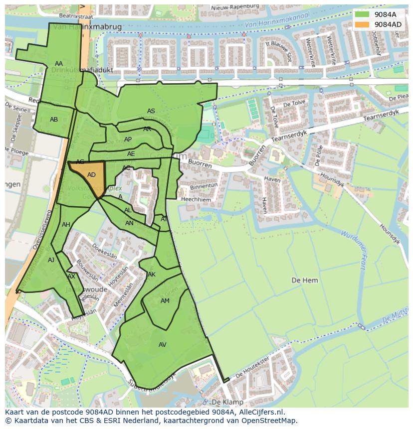 Afbeelding van het postcodegebied 9084 AD op de kaart.
