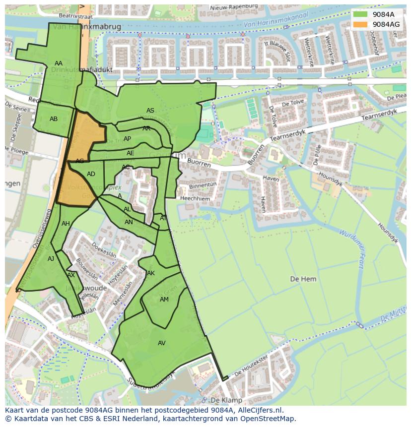 Afbeelding van het postcodegebied 9084 AG op de kaart.
