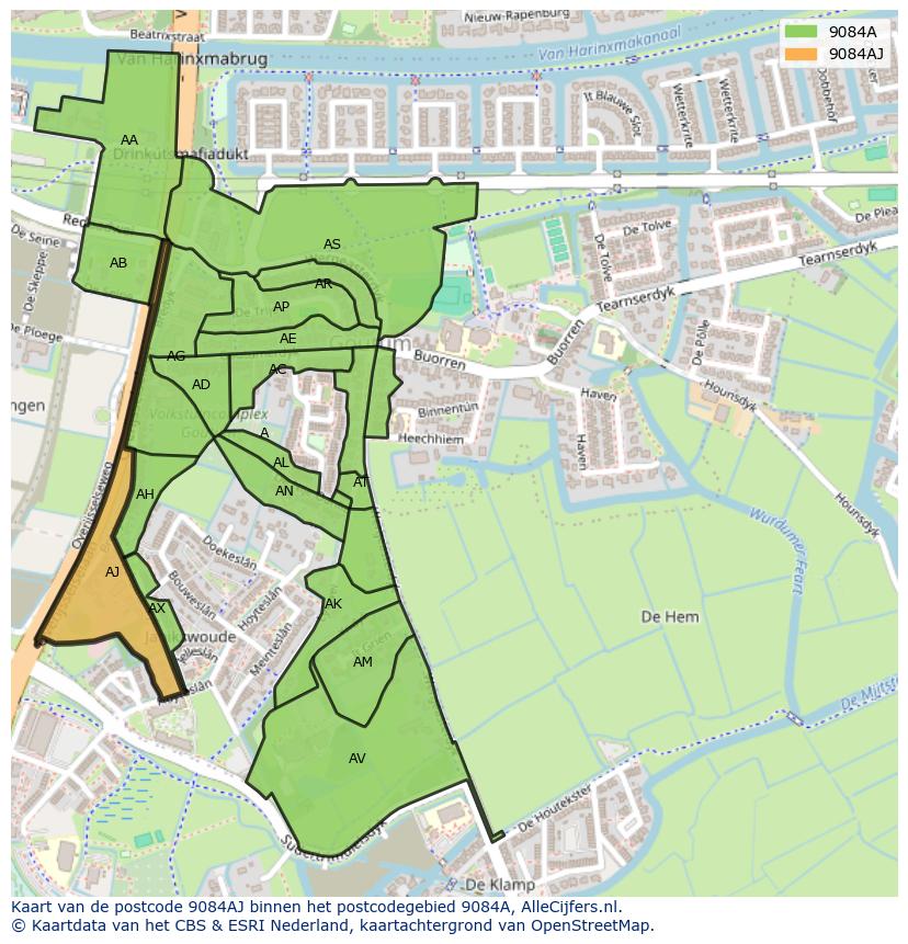 Afbeelding van het postcodegebied 9084 AJ op de kaart.