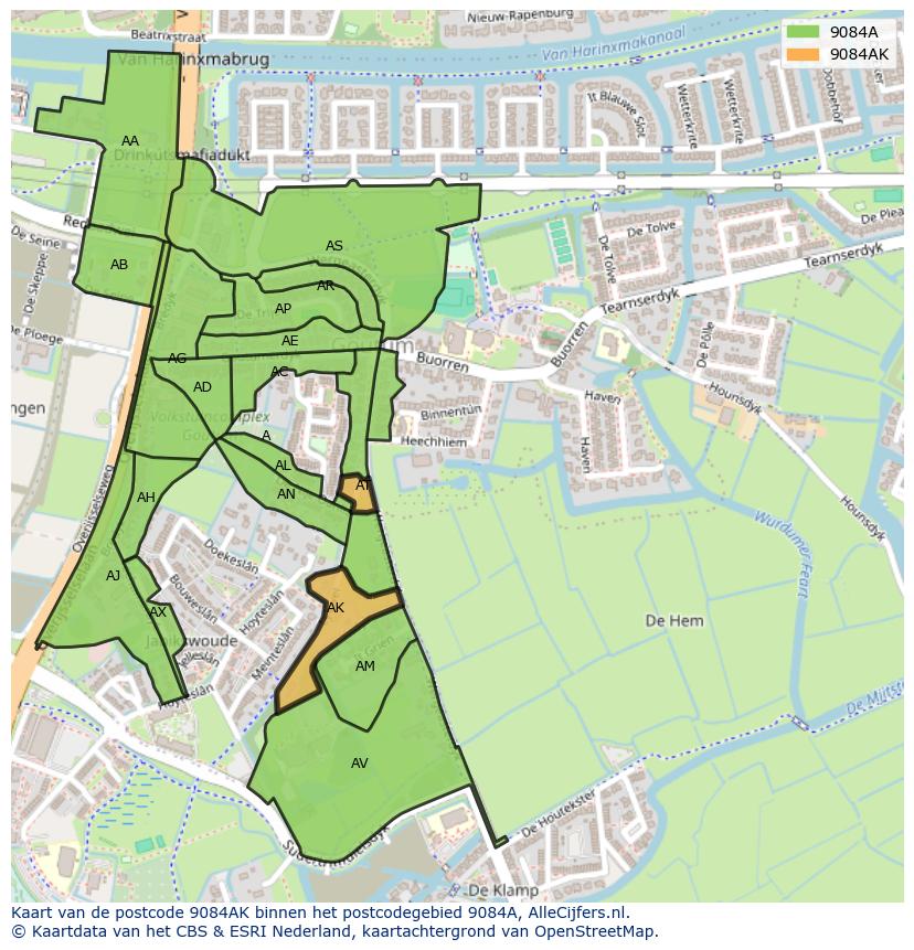 Afbeelding van het postcodegebied 9084 AK op de kaart.