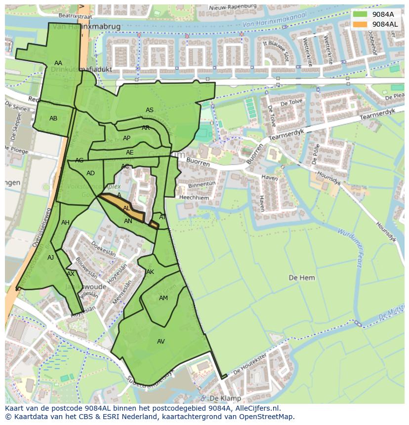 Afbeelding van het postcodegebied 9084 AL op de kaart.