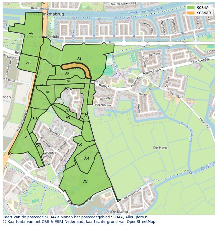 Afbeelding van het postcodegebied 9084 AR op de kaart.