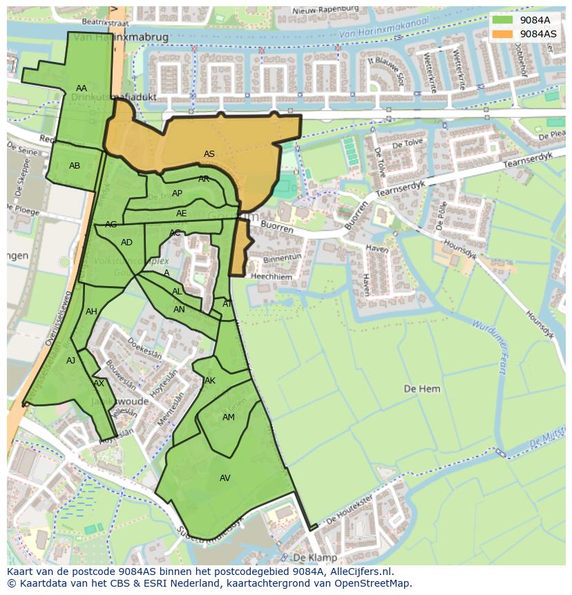 Afbeelding van het postcodegebied 9084 AS op de kaart.