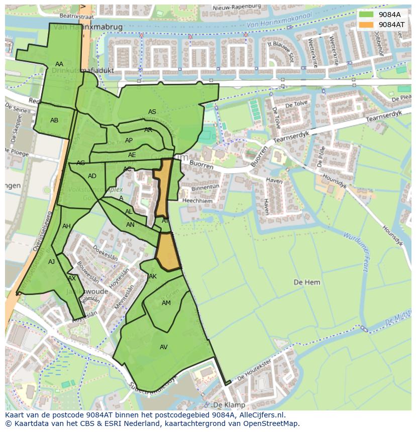 Afbeelding van het postcodegebied 9084 AT op de kaart.