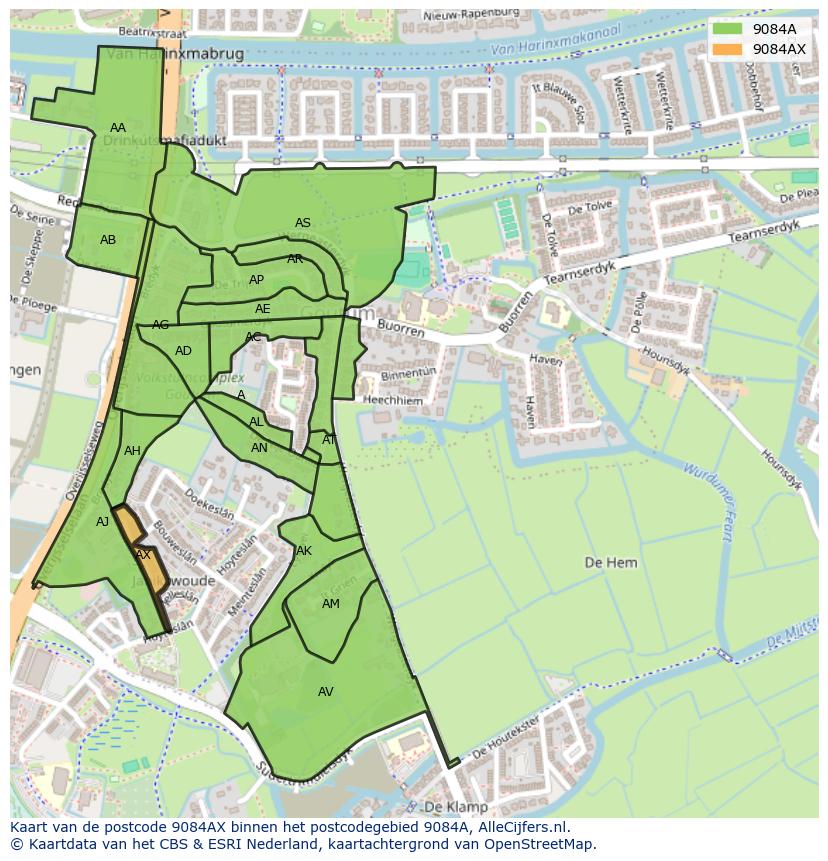 Afbeelding van het postcodegebied 9084 AX op de kaart.