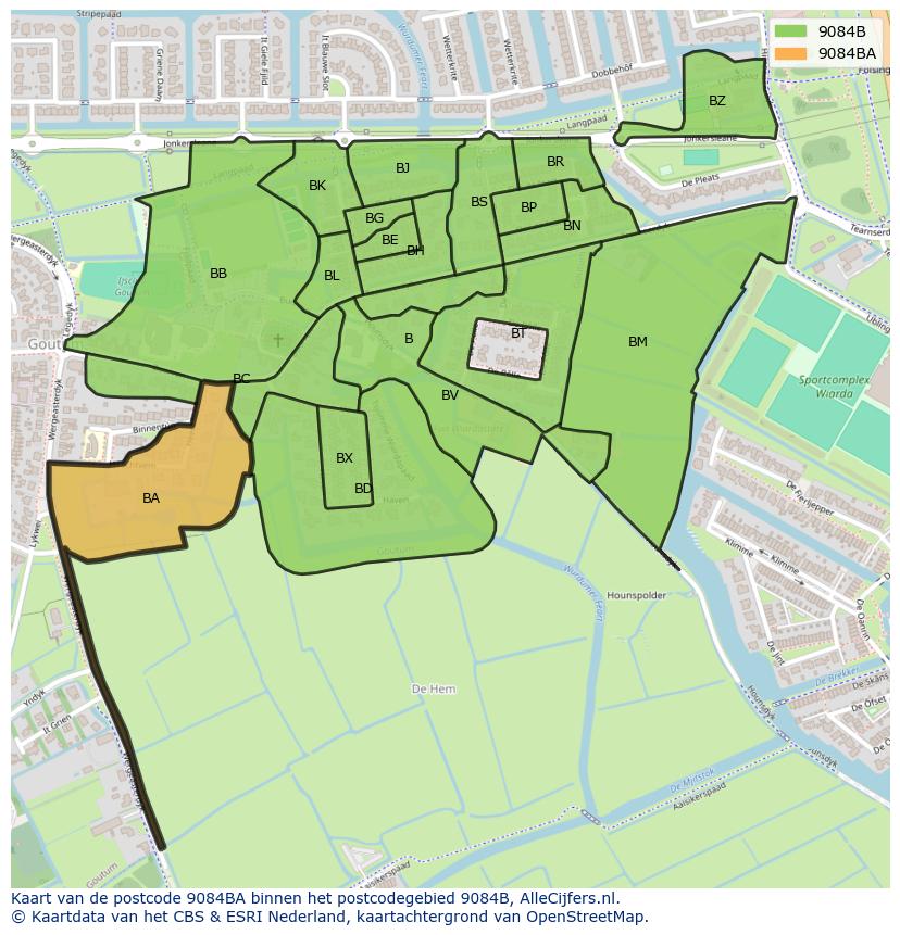 Afbeelding van het postcodegebied 9084 BA op de kaart.