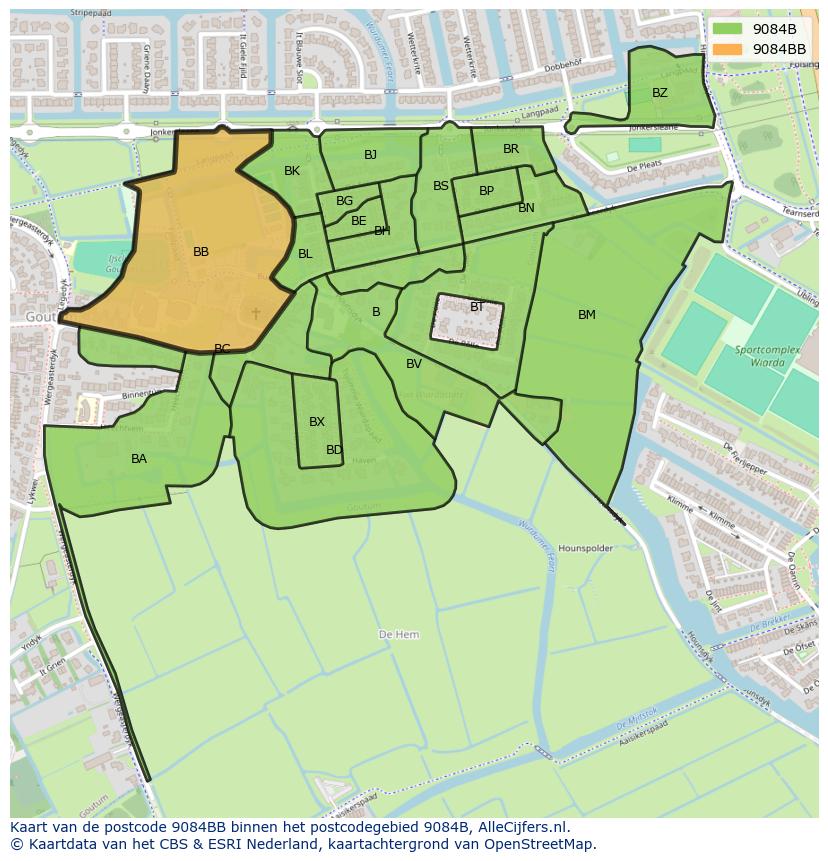 Afbeelding van het postcodegebied 9084 BB op de kaart.
