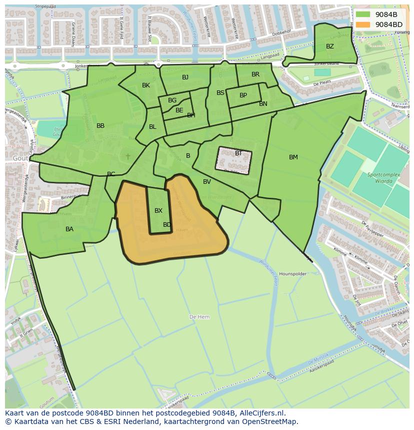 Afbeelding van het postcodegebied 9084 BD op de kaart.