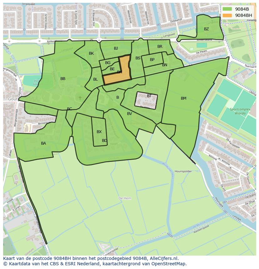 Afbeelding van het postcodegebied 9084 BH op de kaart.