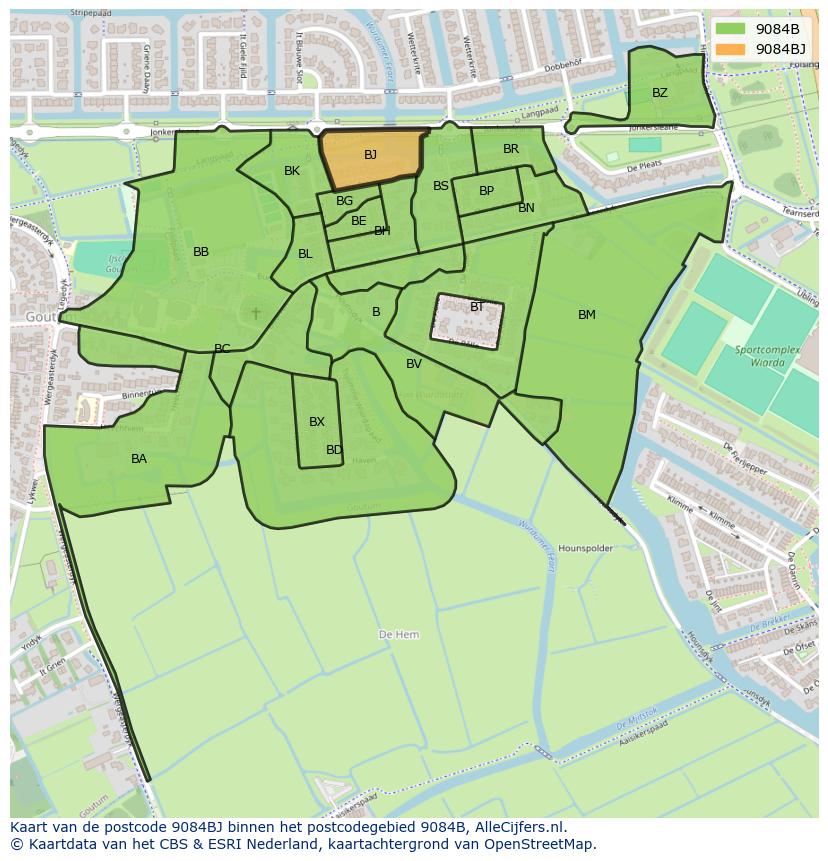 Afbeelding van het postcodegebied 9084 BJ op de kaart.