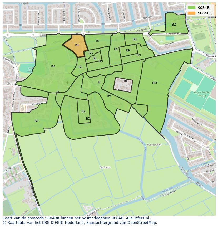 Afbeelding van het postcodegebied 9084 BK op de kaart.