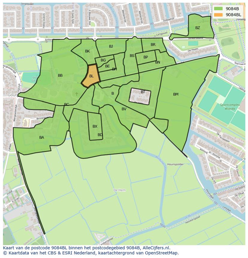 Afbeelding van het postcodegebied 9084 BL op de kaart.