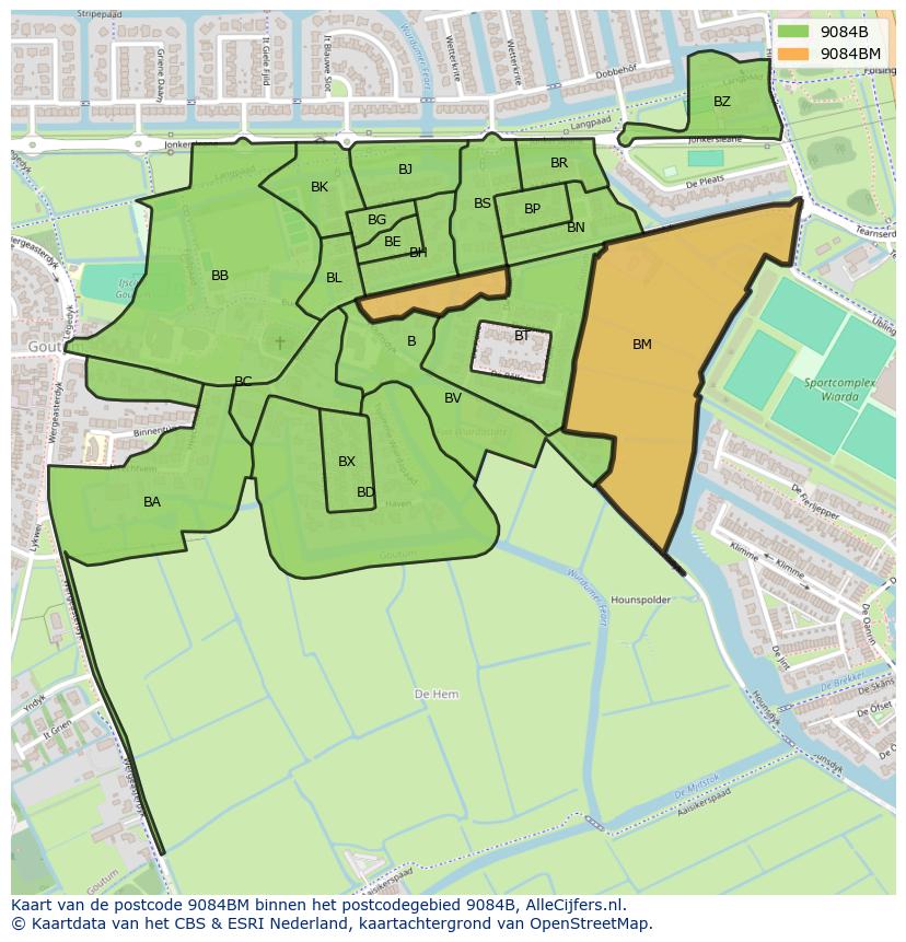 Afbeelding van het postcodegebied 9084 BM op de kaart.